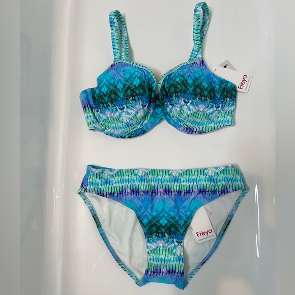 Freya Seascape Blue Lagoon 32E Underwire Plunge Bikini Swim Top w/ Small Bottom - Picture 3 of 4